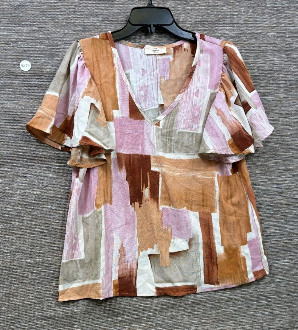 Entro Color Block Abstract Art Top Womens M Flutter Sleeve V-Neck Pullover Chic